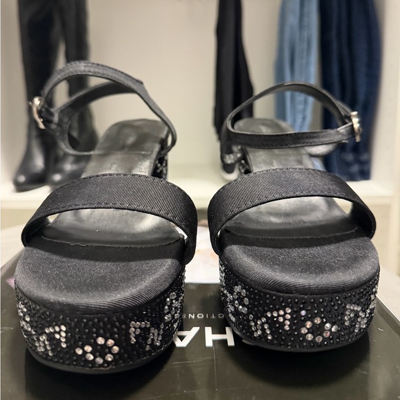 CHANEL Black Rhinestone Logo Heeled Sandals - Picture 3 of 12